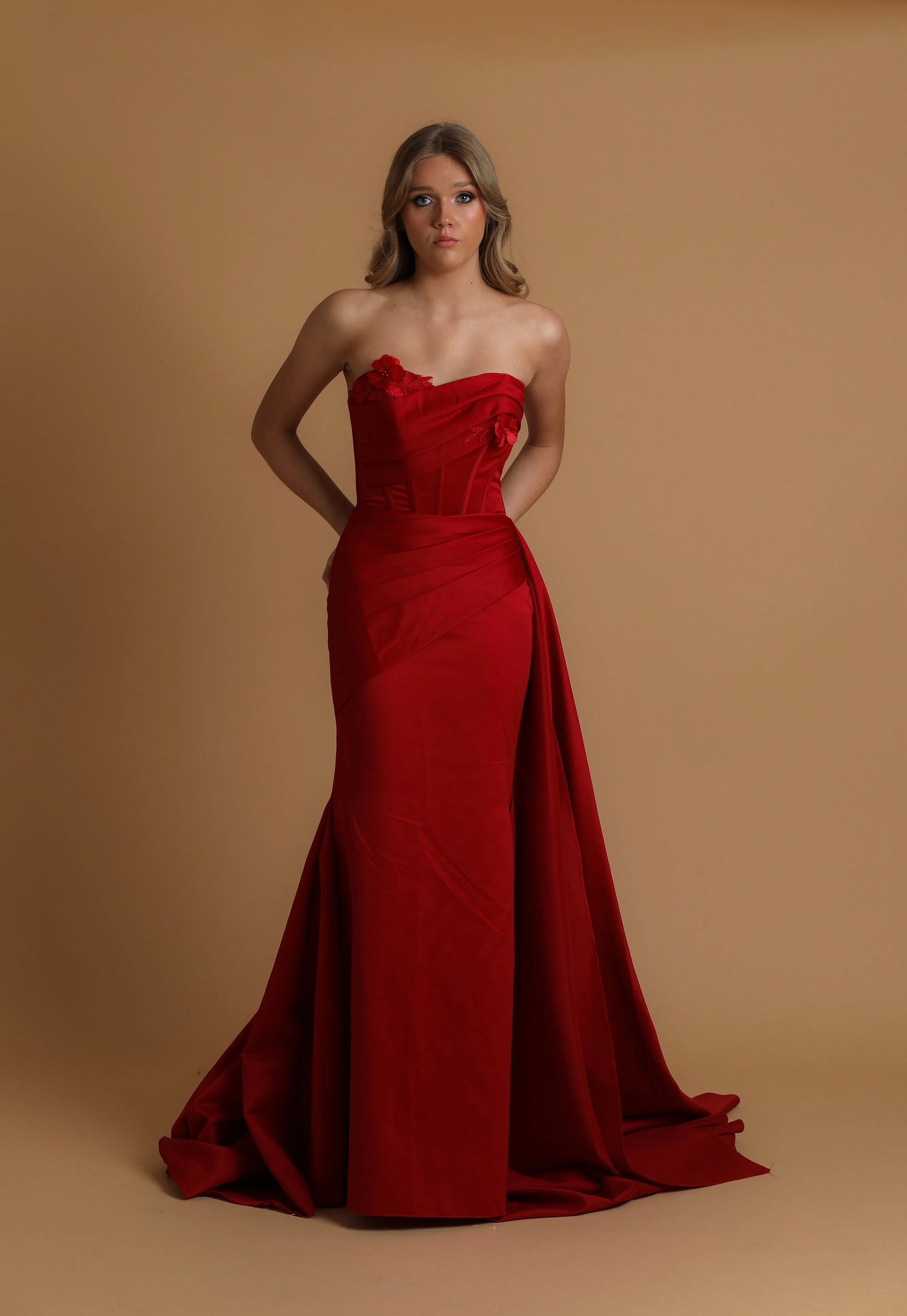 Red mermaid dress with side train