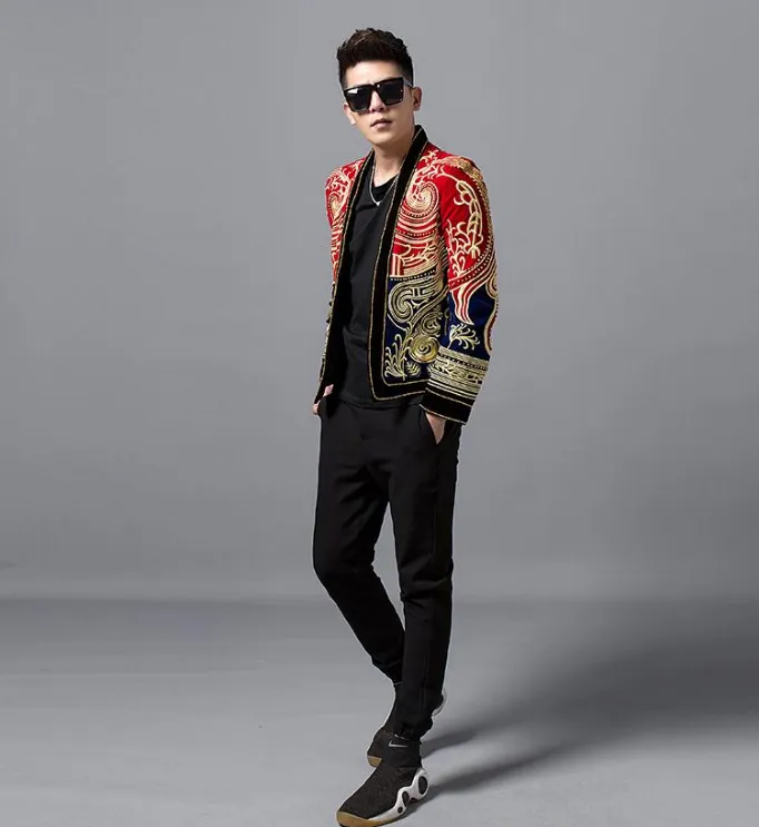 Red Navy Combination Gold Baroque Art Embroidery Men Black Blazer for Stage Performer