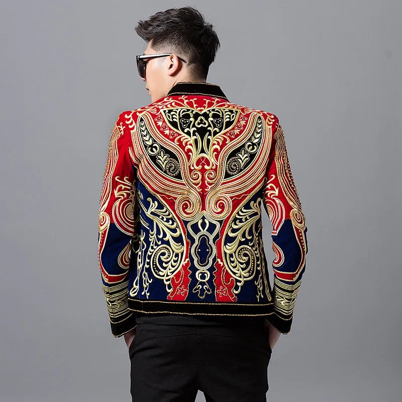 Red Navy Combination Gold Baroque Art Embroidery Men Black Blazer for Stage Performer