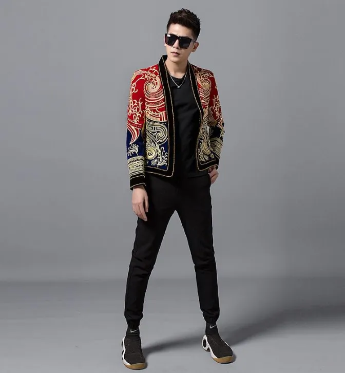 Red Navy Combination Gold Baroque Art Embroidery Men Black Blazer for Stage Performer