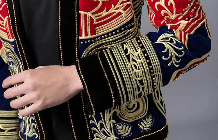 Red Navy Combination Gold Baroque Art Embroidery Men Black Blazer for Stage Performer