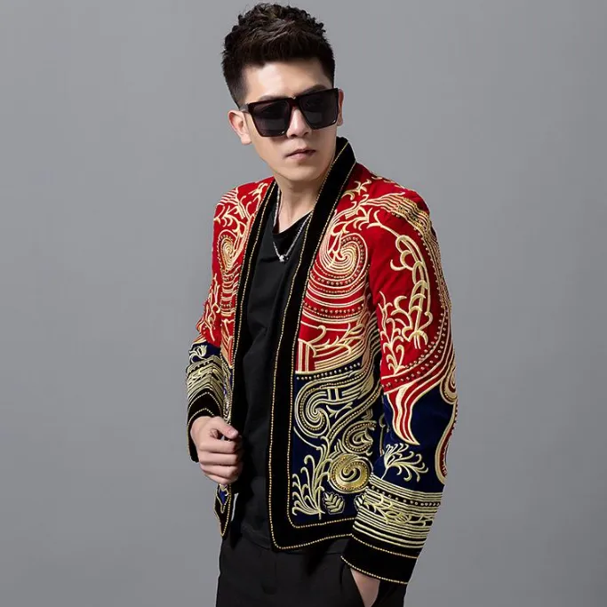 Red Navy Combination Gold Baroque Art Embroidery Men Black Blazer for Stage Performer