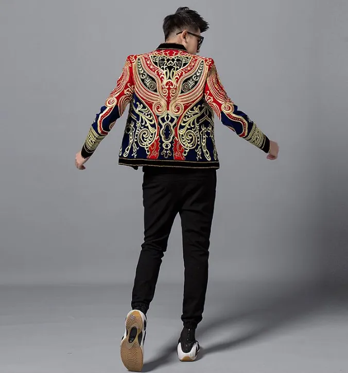 Red Navy Combination Gold Baroque Art Embroidery Men Black Blazer for Stage Performer