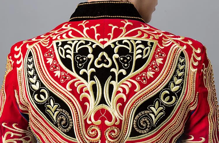 Red Navy Combination Gold Baroque Art Embroidery Men Black Blazer for Stage Performer