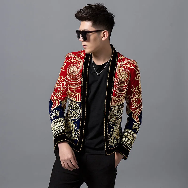 Red Navy Combination Gold Baroque Art Embroidery Men Black Blazer for Stage Performer