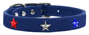 Red, White And Blue Star Widget Genuine Leather Dog Collar Blue 20