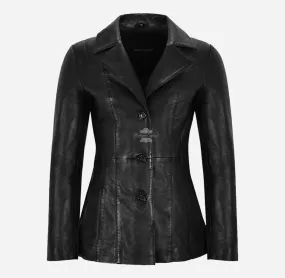 REGINA Womens Classic Three Button Leather Blazer Black