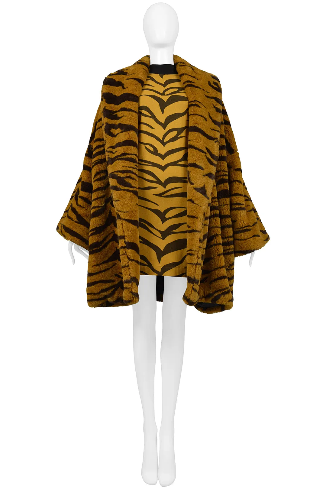 RIFAT OZBEK BROWN AND BLACK TIGER FAUX FUR COAT 1990S