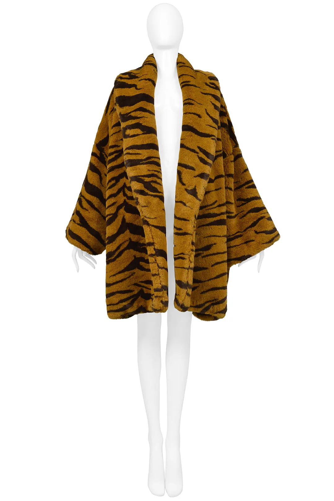 RIFAT OZBEK BROWN AND BLACK TIGER FAUX FUR COAT 1990S