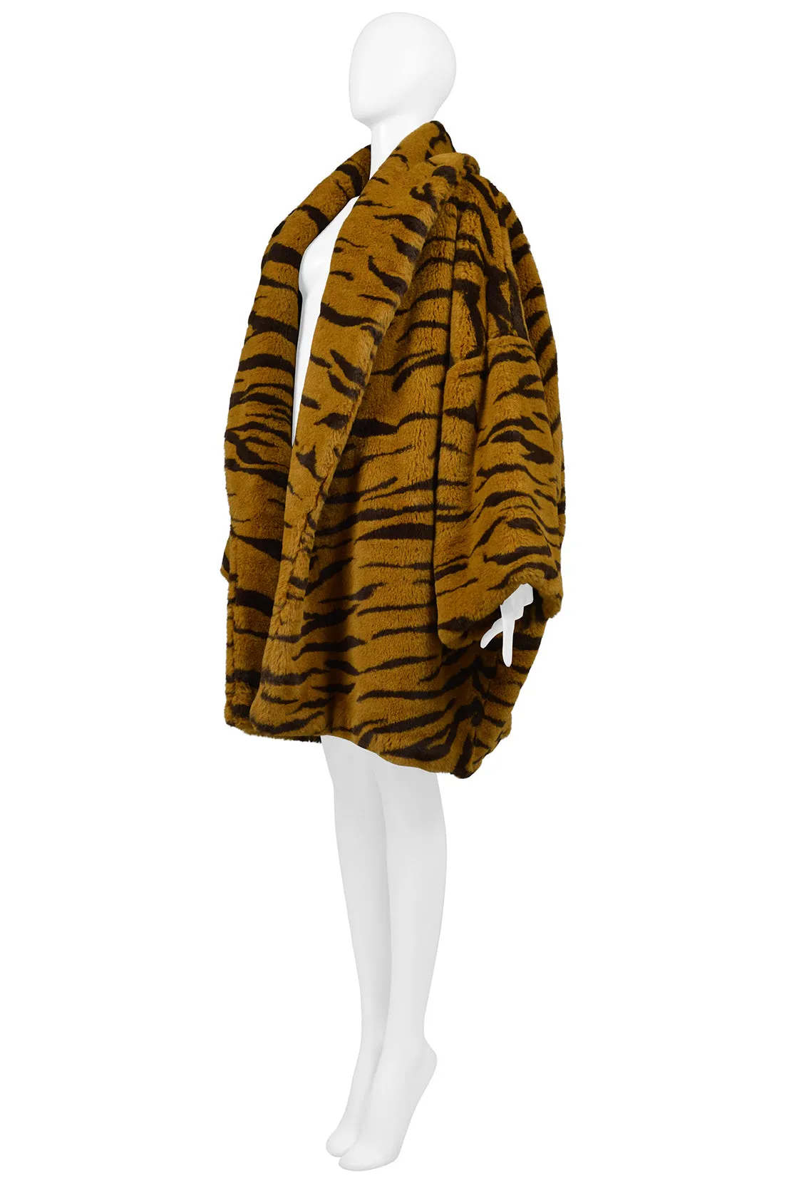 RIFAT OZBEK BROWN AND BLACK TIGER FAUX FUR COAT 1990S