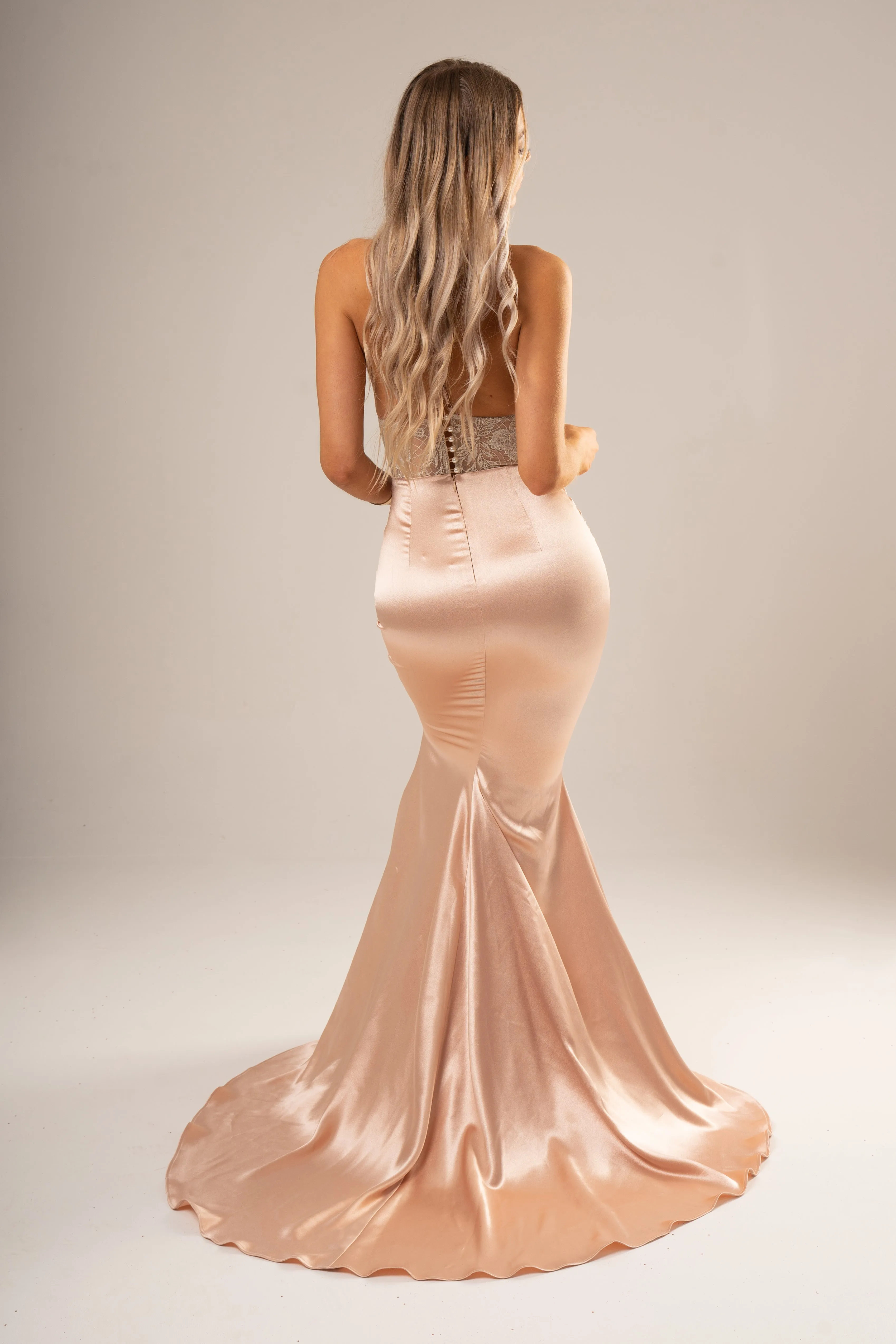 Rose gold satin mermaid dress with gold lace top