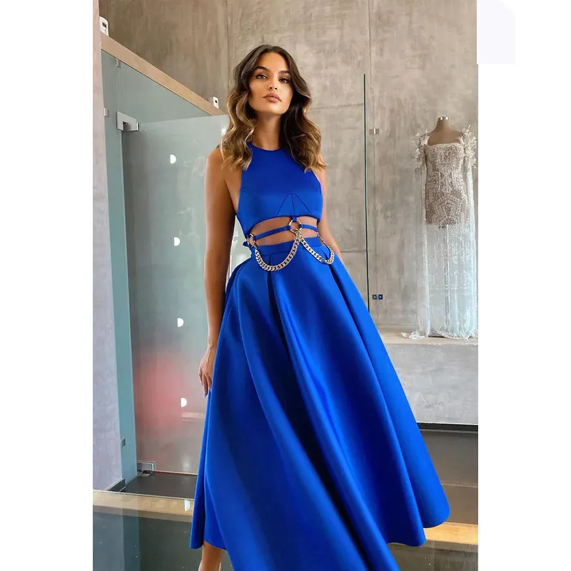 Round Neck Cut Outs Satin A-Line Midi Prom Evening Gown