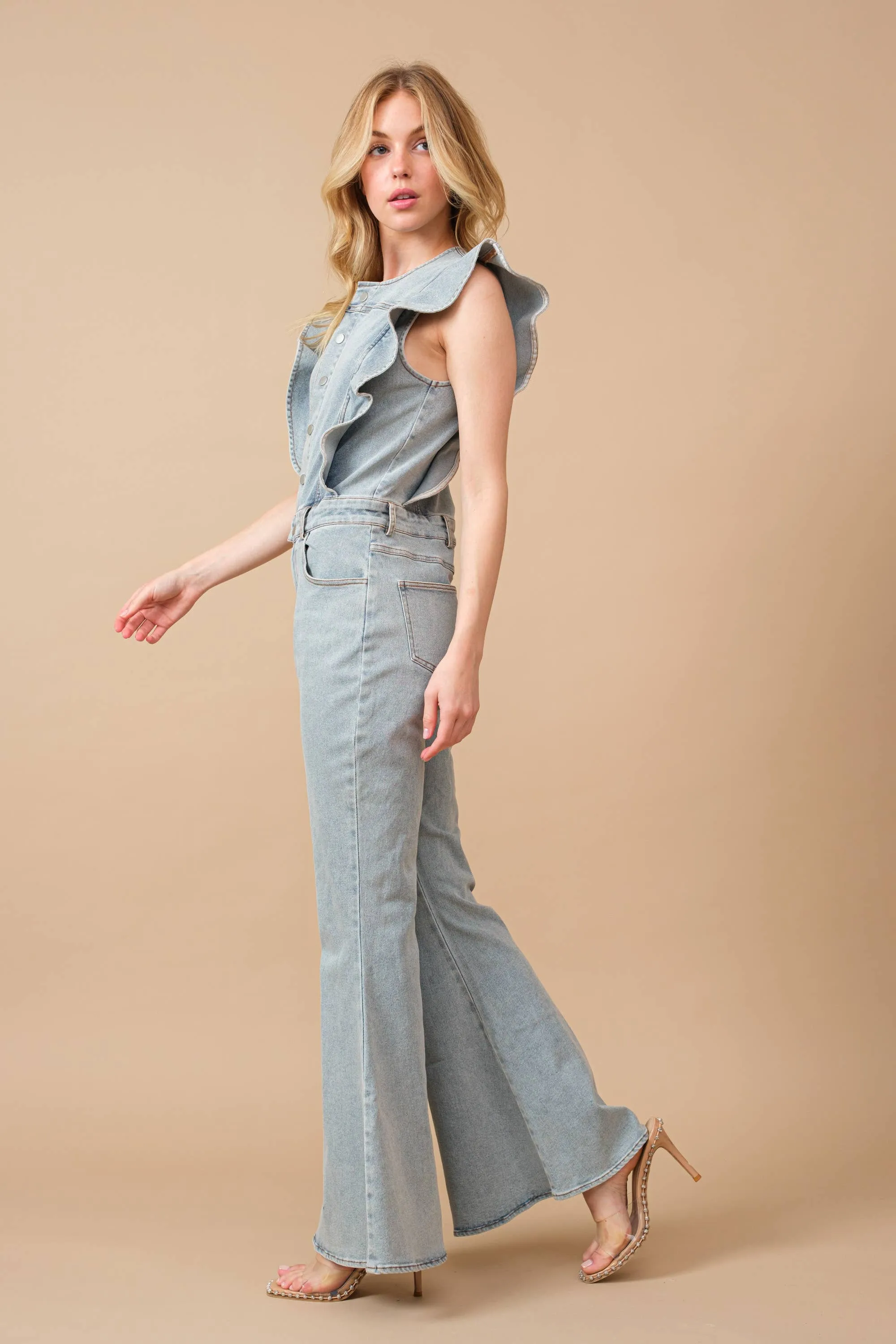 Ruffle Bell Bottom Denim Jumpsuit