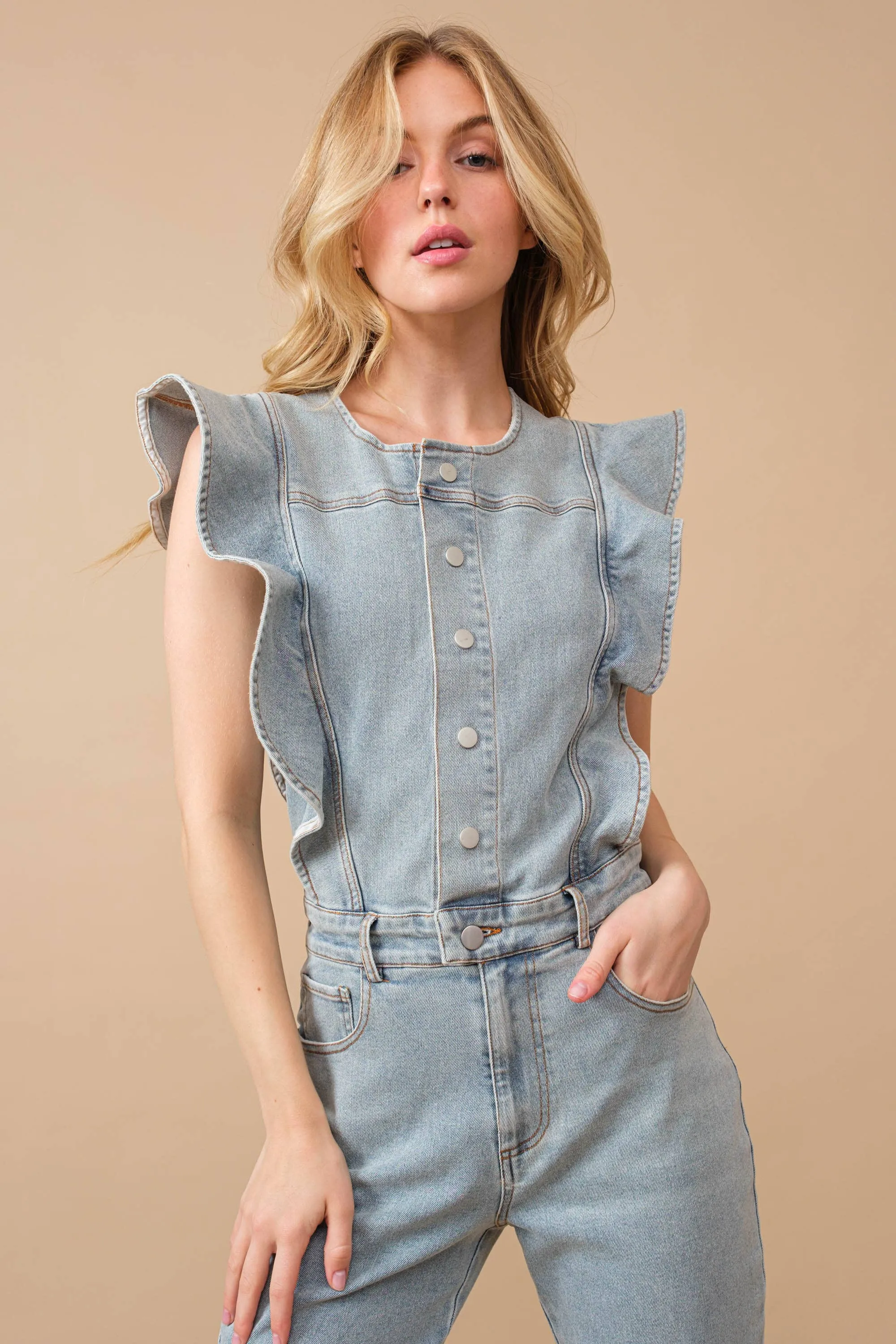 Ruffle Bell Bottom Denim Jumpsuit