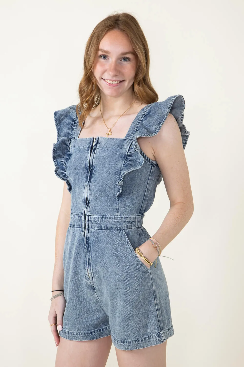 Ruffle Shoulder Denim Romper for Women in Denim | JM2570-1-DENIM