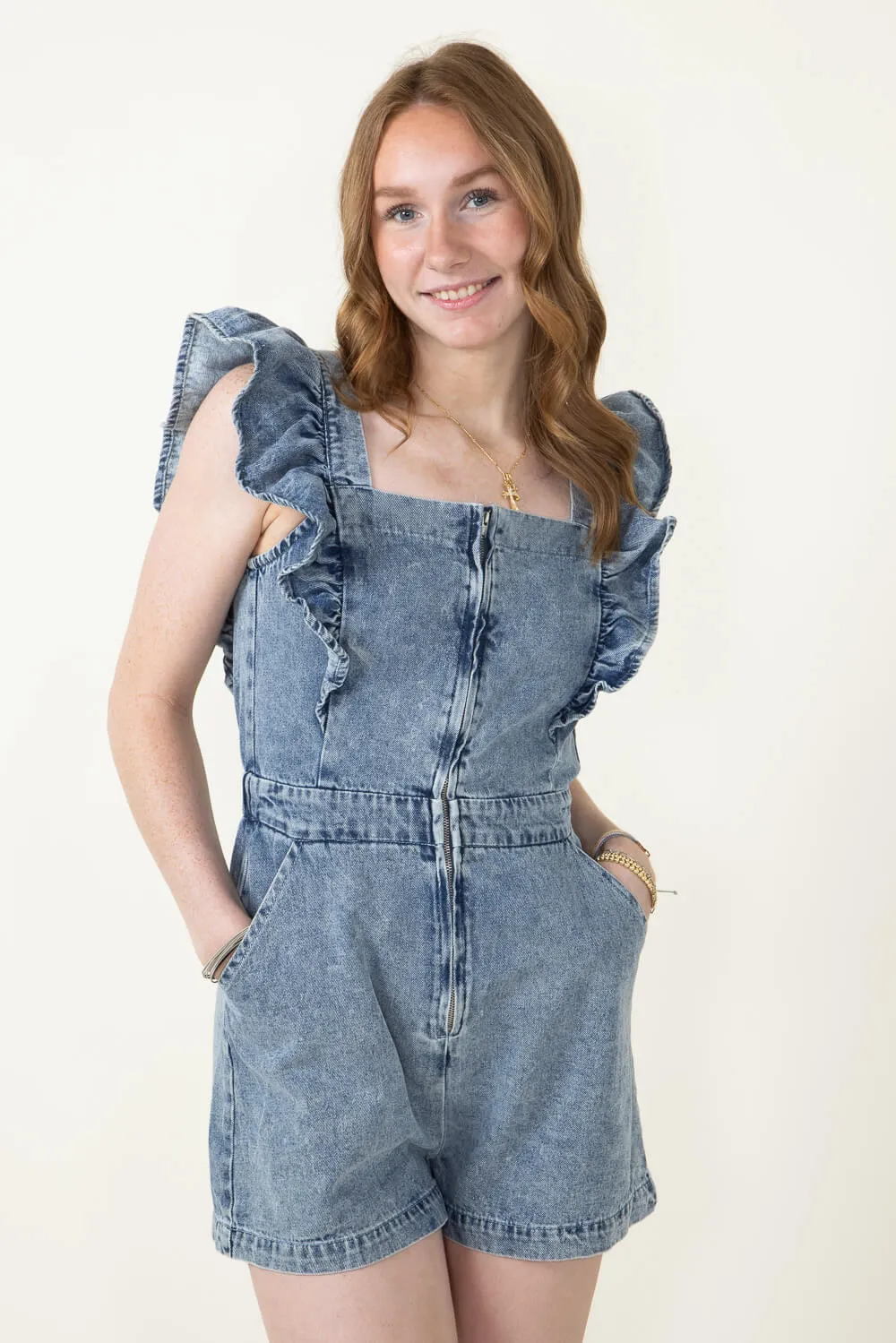 Ruffle Shoulder Denim Romper for Women in Denim | JM2570-1-DENIM