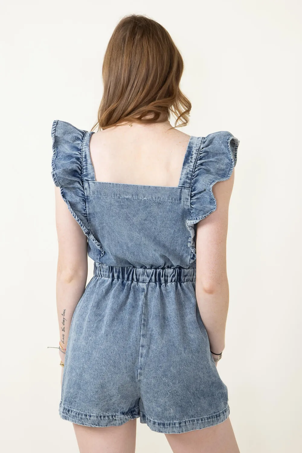 Ruffle Shoulder Denim Romper for Women in Denim | JM2570-1-DENIM