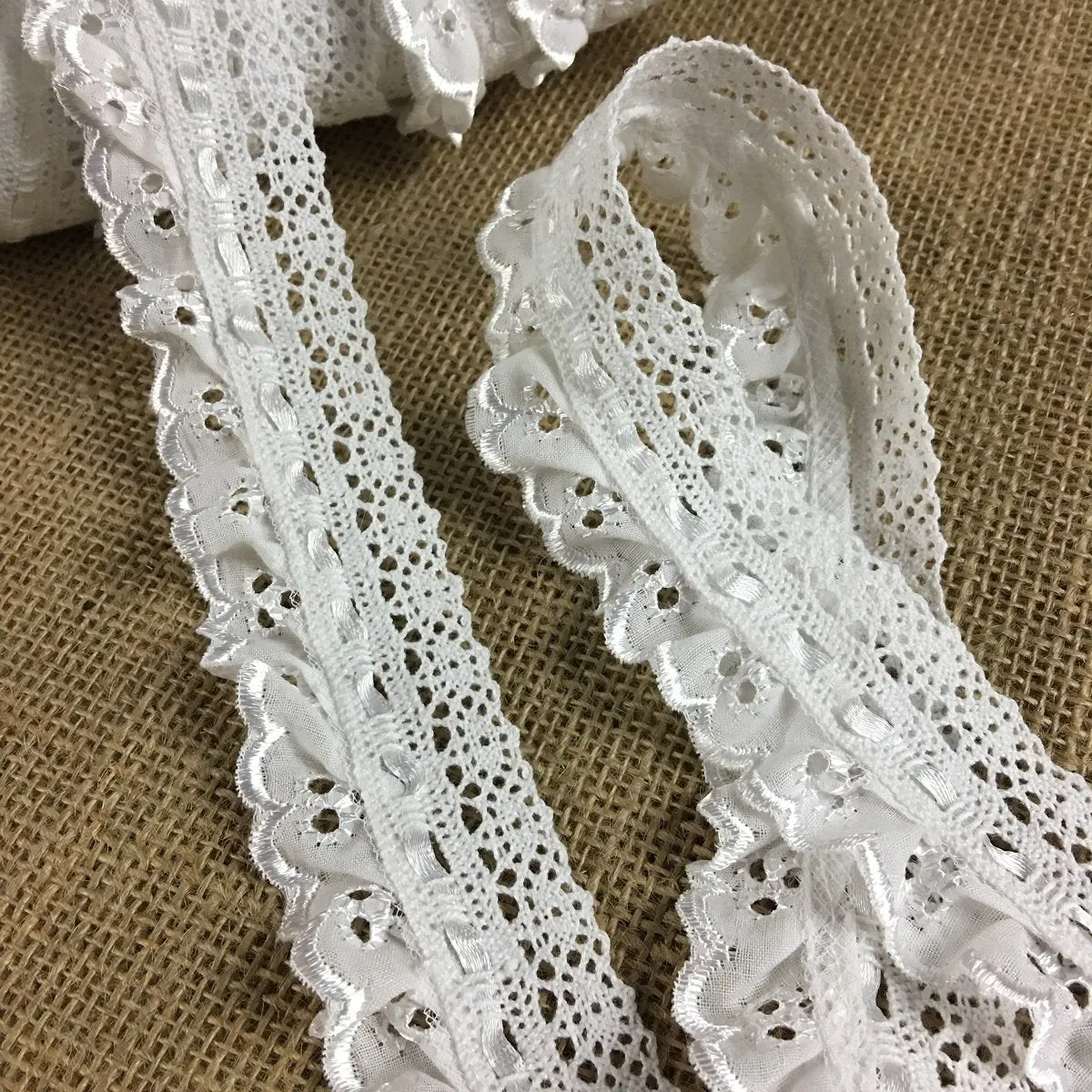 Ruffled Eyelet Combination & Cluny Lace & Satin Ribbon Trim, 1.5" Wide, White, Multi-use Garment Children Bridal Decoration Communion Christening