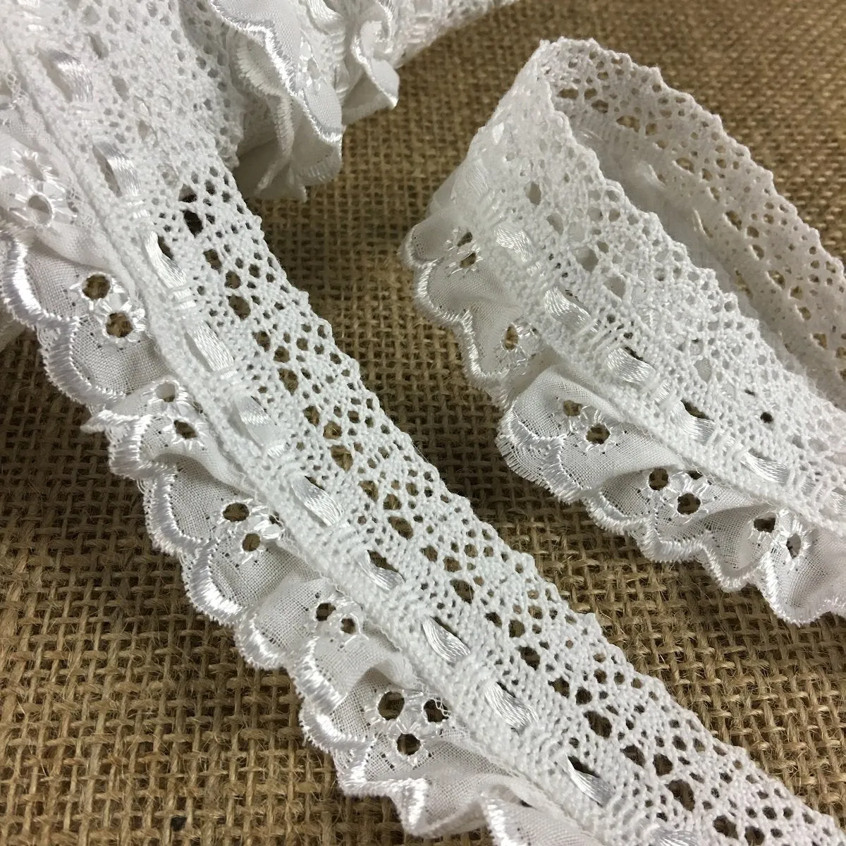 Ruffled Eyelet Combination & Cluny Lace & Satin Ribbon Trim, 1.5" Wide, White, Multi-use Garment Children Bridal Decoration Communion Christening