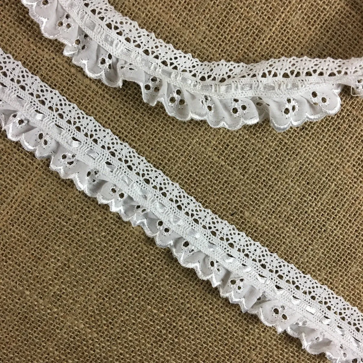 Ruffled Eyelet Combination & Cluny Lace & Satin Ribbon Trim, 1.5" Wide, White, Multi-use Garment Children Bridal Decoration Communion Christening