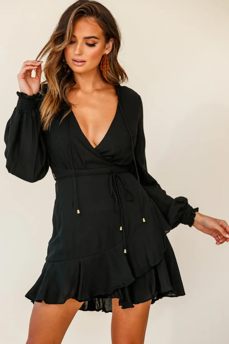 Santorini Long Sleeve String Tie Dress Black