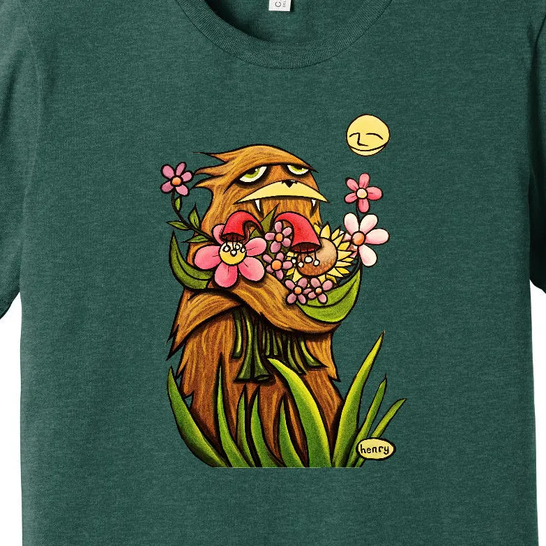 Sasquatch hugging Flowers Unisex T-Shirt | Wearable Art by Seattle Mural Artist Ryan "Henry" Ward