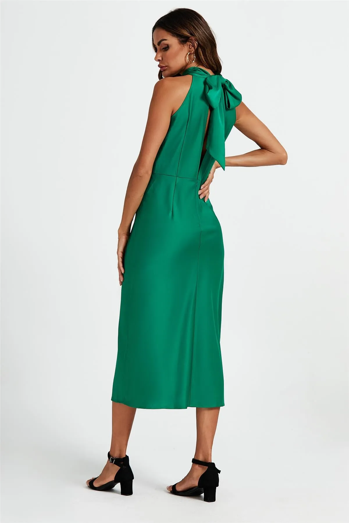 Satin Halter Neck Tie Back Midi Dress In Green