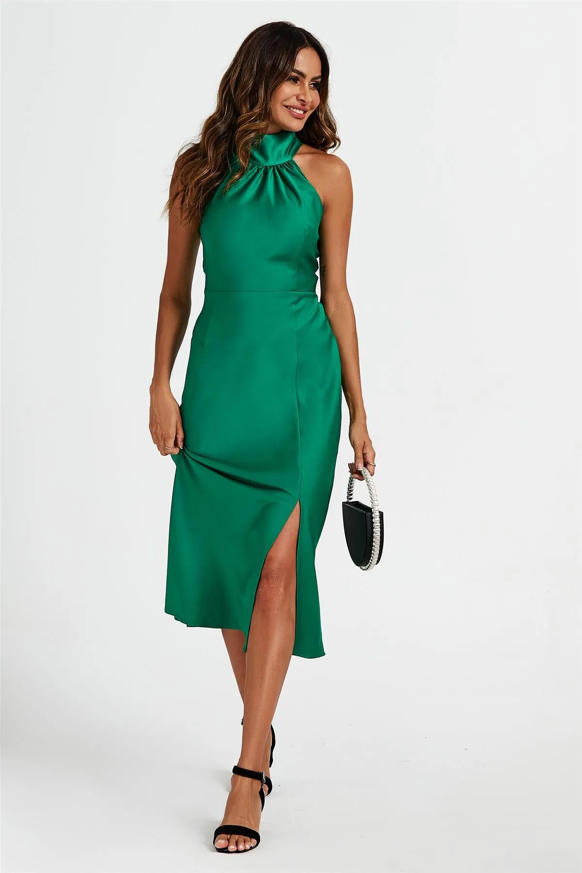 Satin Halter Neck Tie Back Midi Dress In Green