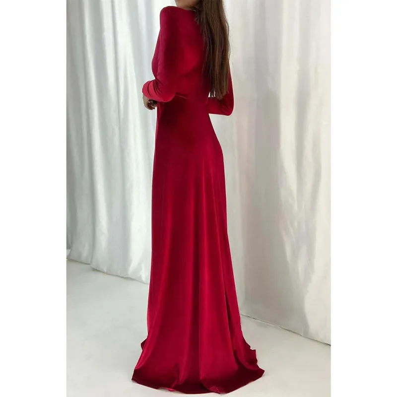 Sexy & Hot V-neck Velvet Long Sleeves Simple Long Prom Dress Evening Gown