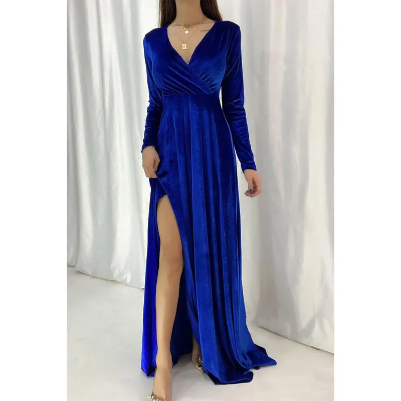 Sexy & Hot V-neck Velvet Long Sleeves Simple Long Prom Dress Evening Gown