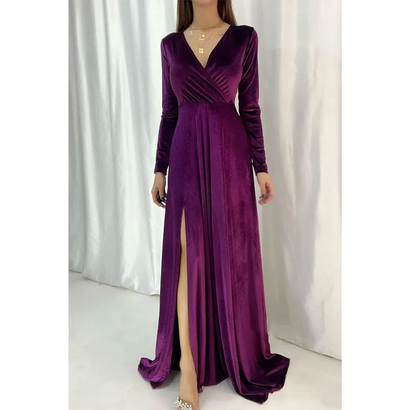 Sexy & Hot V-neck Velvet Long Sleeves Simple Long Prom Dress Evening Gown