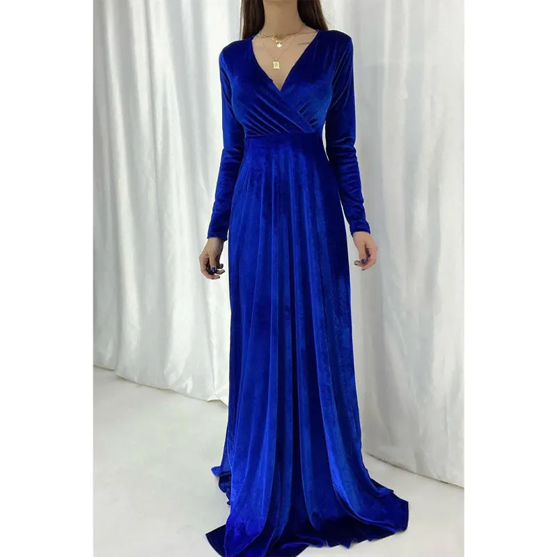 Sexy & Hot V-neck Velvet Long Sleeves Simple Long Prom Dress Evening Gown