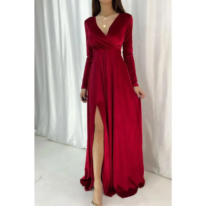 Sexy & Hot V-neck Velvet Long Sleeves Simple Long Prom Dress Evening Gown