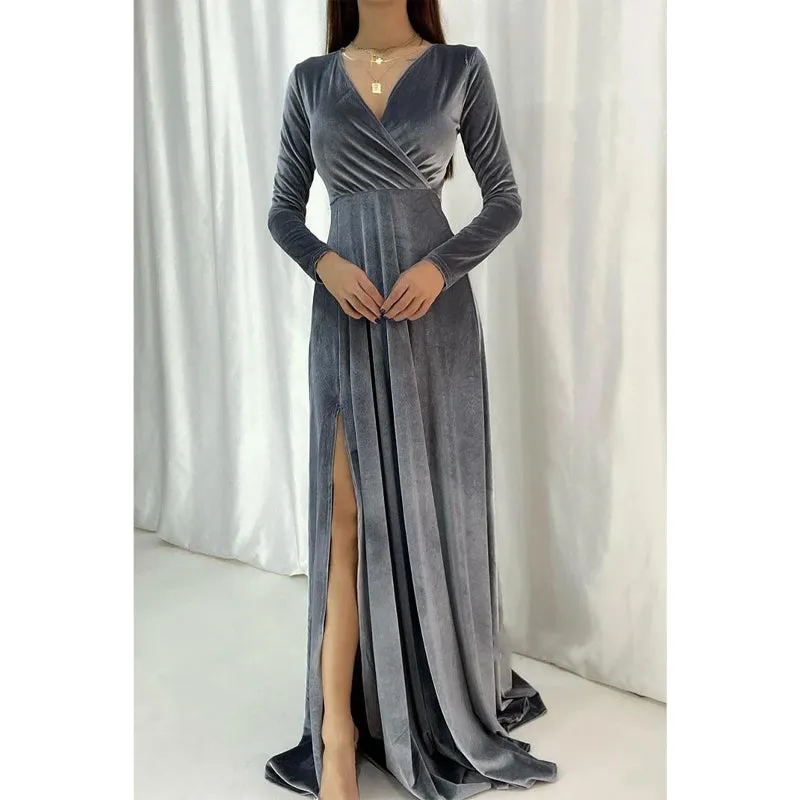 Sexy & Hot V-neck Velvet Long Sleeves Simple Long Prom Dress Evening Gown