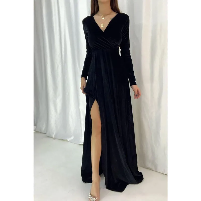 Sexy & Hot V-neck Velvet Long Sleeves Simple Long Prom Dress Evening Gown