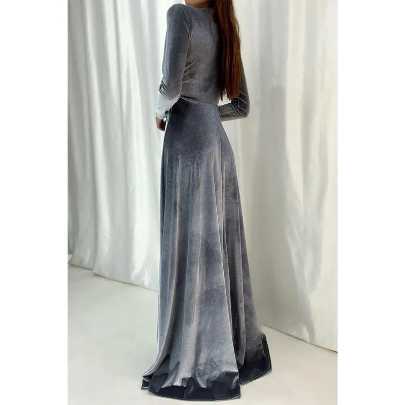 Sexy & Hot V-neck Velvet Long Sleeves Simple Long Prom Dress Evening Gown