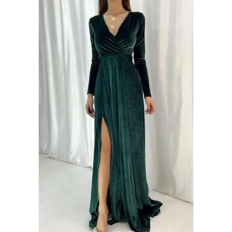 Sexy & Hot V-neck Velvet Long Sleeves Simple Long Prom Dress Evening Gown