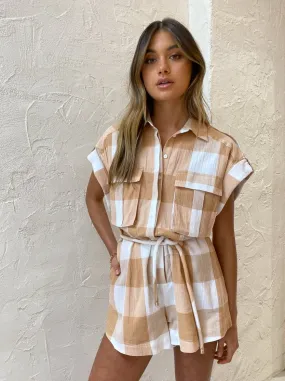 Significant Other Frida Romper in Caramel Check