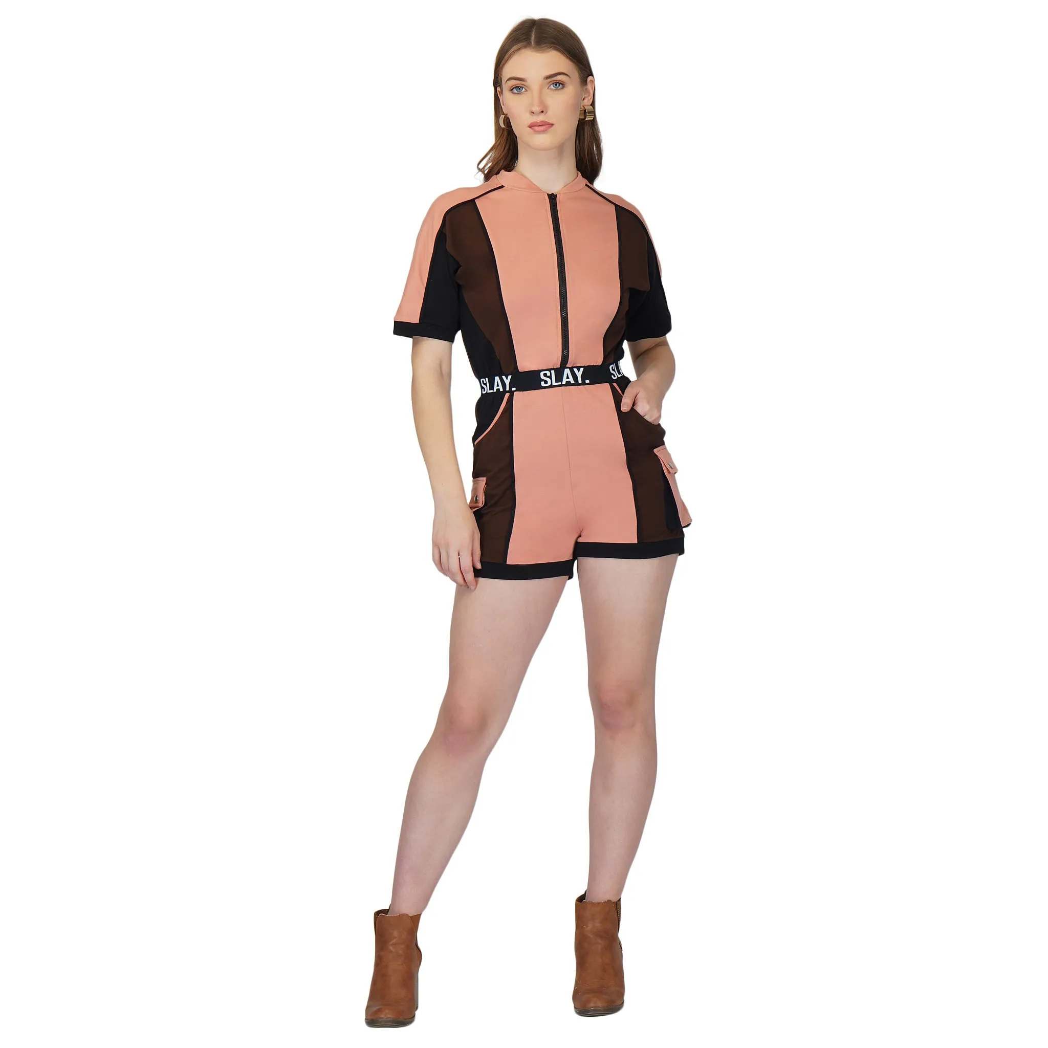 SLAY. Women's Activewear Romper Brown Nude Black Colorblock - Streetwear