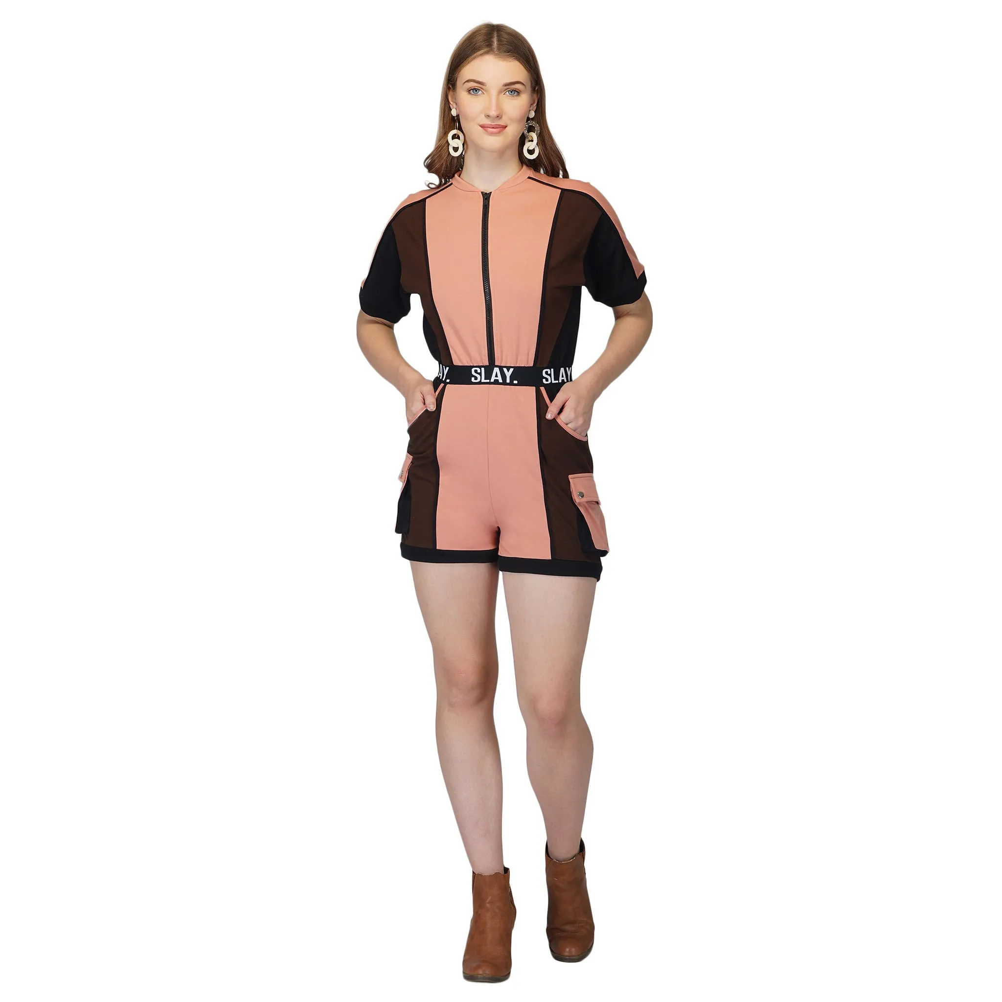 SLAY. Women's Activewear Romper Brown Nude Black Colorblock - Streetwear