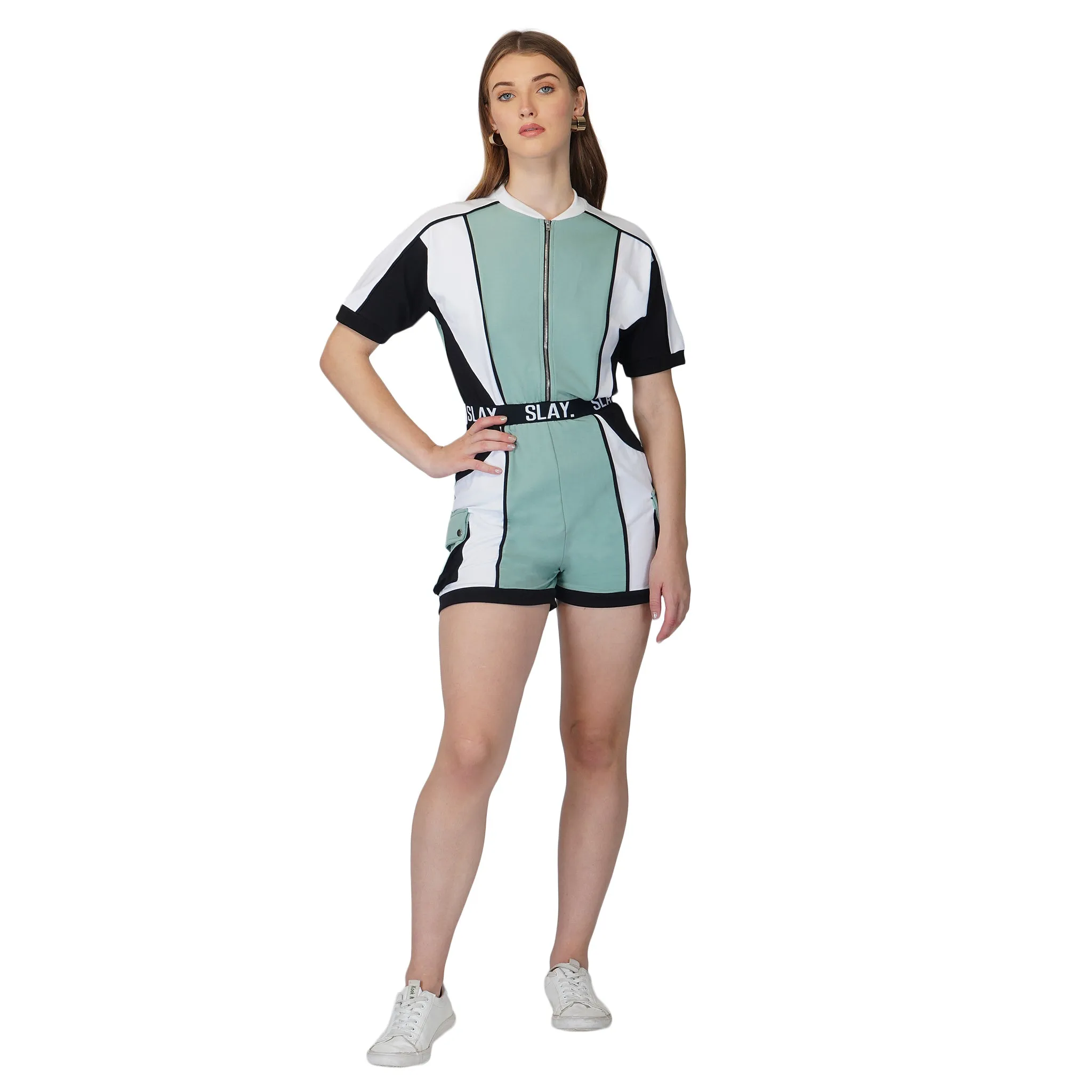 SLAY. Women's Colorblock Romper Turquoise White Black