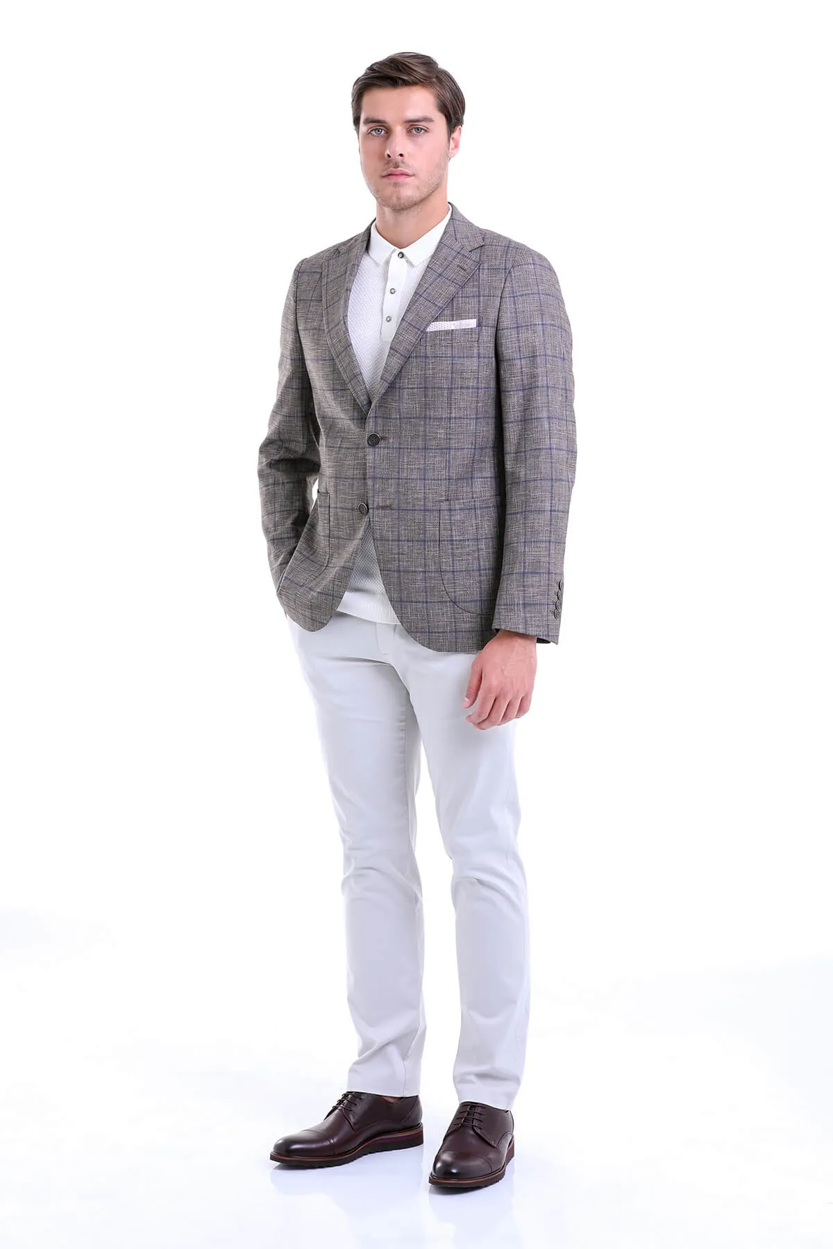 Slim Fit Notch Lapel Plaid Linen Khaki Classic Blazer