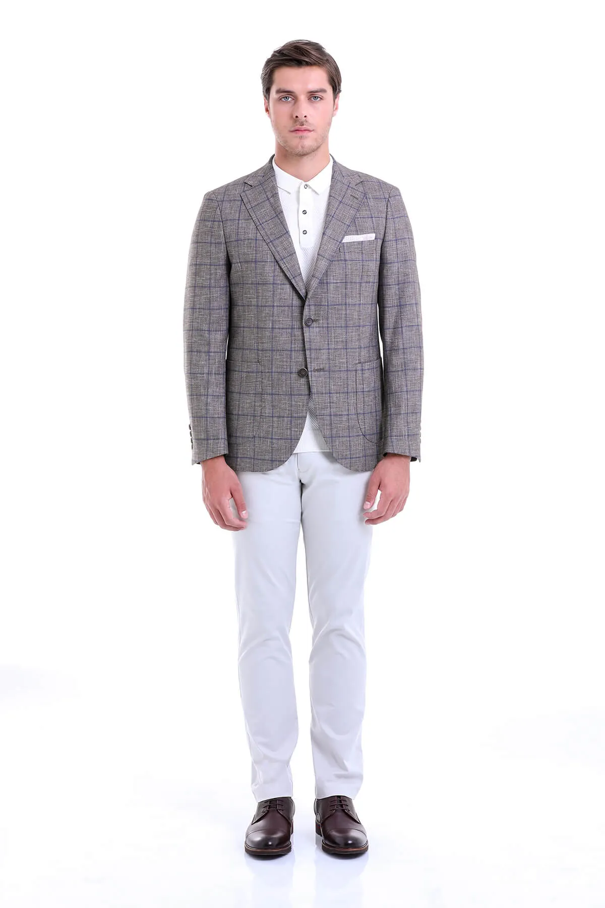 Slim Fit Notch Lapel Plaid Linen Khaki Classic Blazer