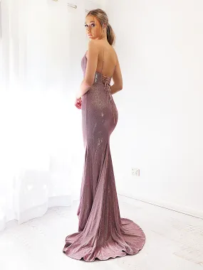 Sparkling purplish pink mermaid dress with  laceup back for hire