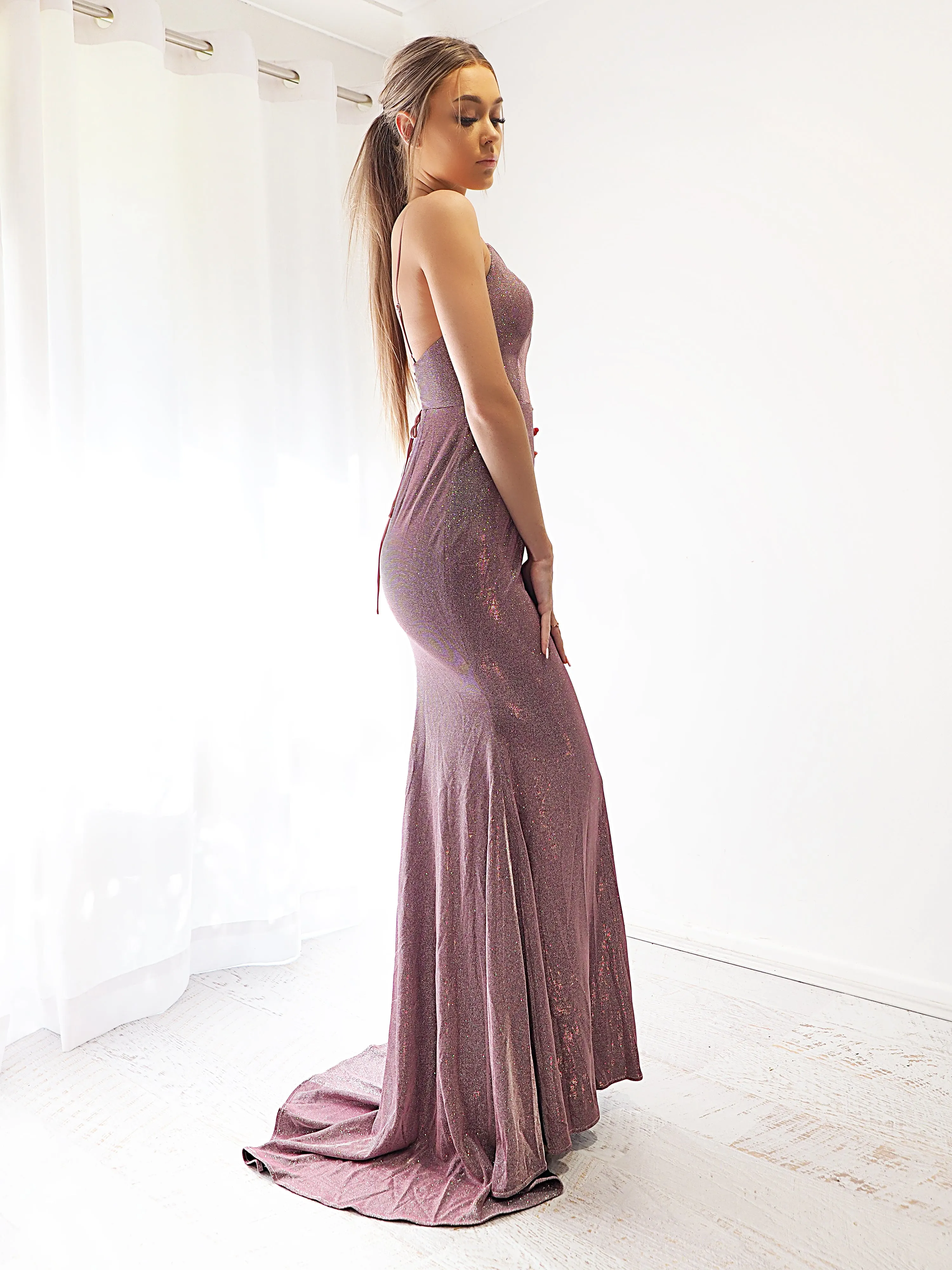 Sparkling purplish pink mermaid dress with laceup back