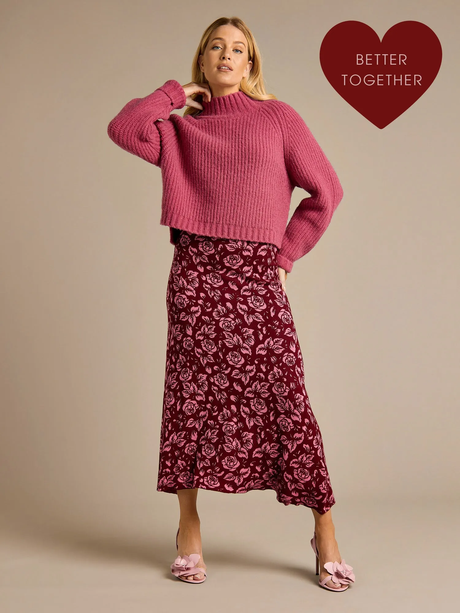 Stacie Chunky Knitted Jumper & Sable Pink Printed Knitted Skirt Outfit