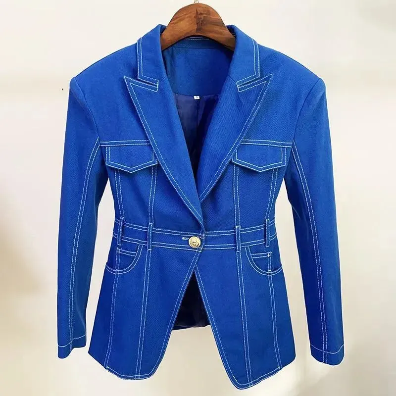 Stitched Denim Blazer Women - Casual - Plain-Solid