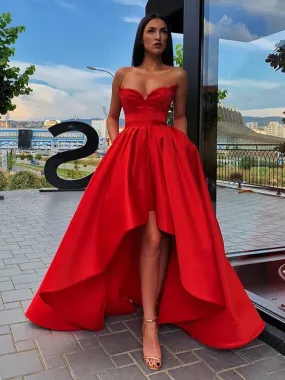 Strapless Sweetheart Neck High Low Red Long Prom, High Low Red Formal, Red Strapless Evening