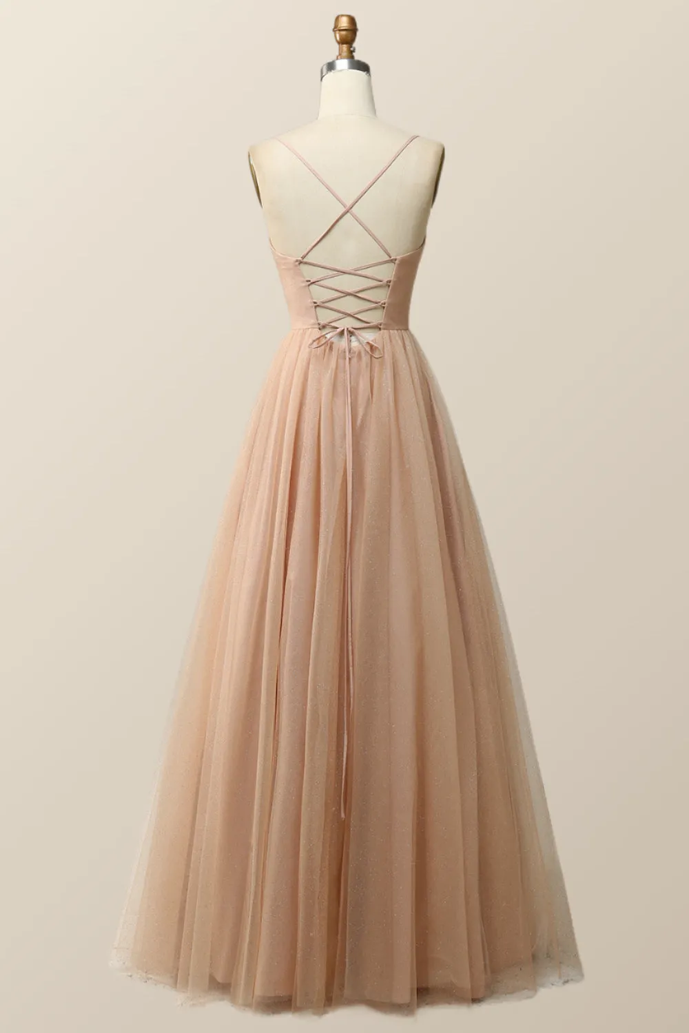 Straps Champagne Tulle A-line Formal Dress