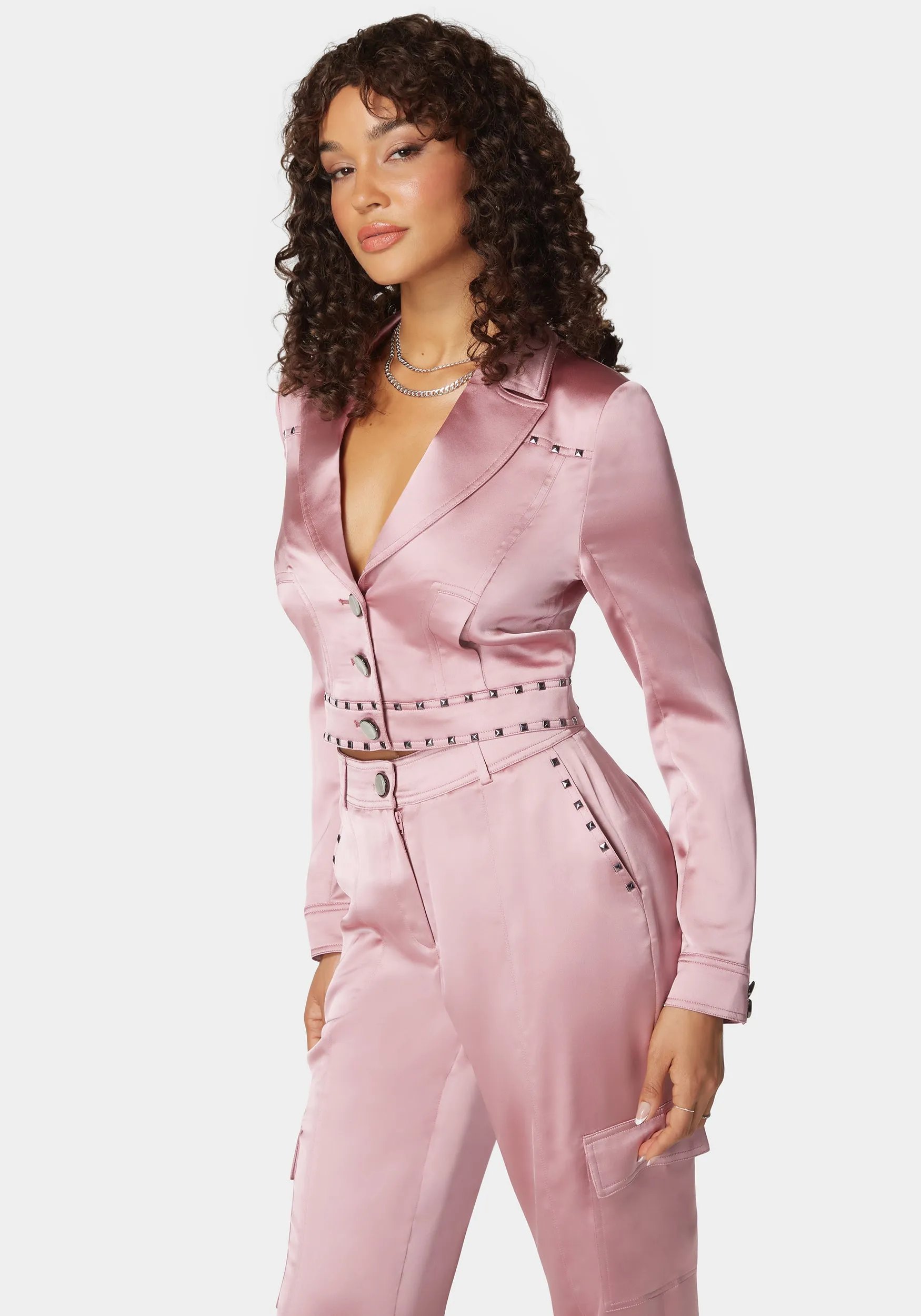 Stud Detail Tailored Satin Blazer